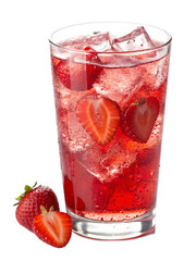 Refreshing strawberry cocktail with ice and fresh fruit isolated on transparent background