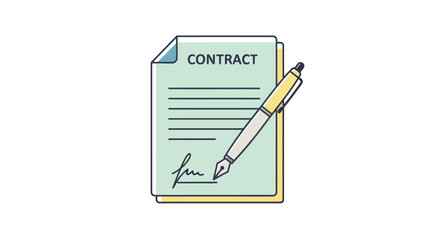 Signed legal contract document with a golden pen for agreement and business deal.