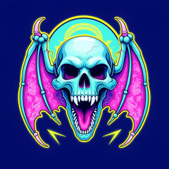 screaming neon skull with bat wings