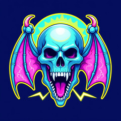 screaming neon skull with bat wings