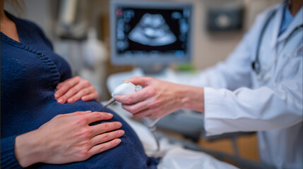 Doctorâs hand with ultrasound transducer performing prenatal check, close-up showing detail of probe and patientâs skin, atmosphere of care and wellness