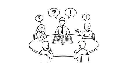 Business Meeting with Open Book and Question-Exclamation Marks.