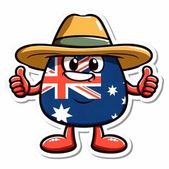 Cute Australia flag cartoon character, happy national mascot sticker.
