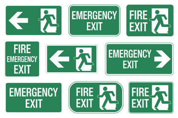 Naklejka premium Emergency and Fire Exit Signs for Safety and Evacuation in Buildings and Public Spaces a Collection of Directional Graphics