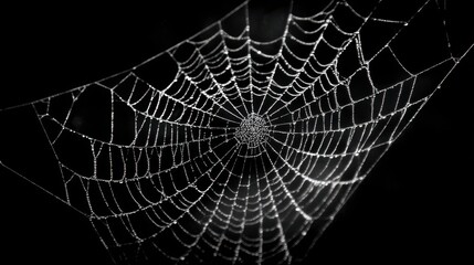 Fototapeta premium Stunning photo of spider web with water droplets on a dark background for halloween.