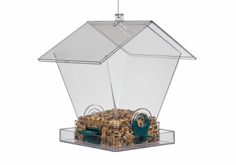 Transparent Bird Feeder Filled with Seeds Isolated