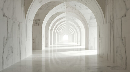 Fototapeta premium A tranquil, surreal corridor characterized by white marble arches and soft natural lighting.