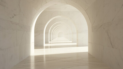 A tranquil, surreal corridor characterized by white marble arches and soft natural lighting.