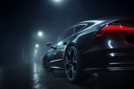 Dark grey car driving down foggy road