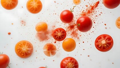 Overhead view of scattered cherry tomatoes, some cut, with spice powder in mid-air