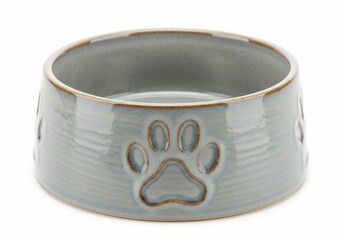 Pet Food Bowl with Paw Print Isolated on White