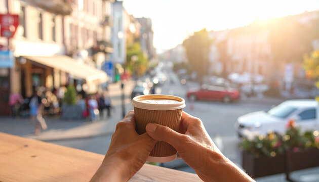 First-person view of holding a coffee cup at a cafe overlooking a city