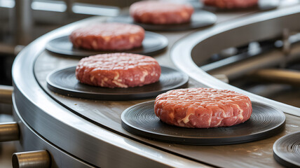 burger patties, fast food, conveyor belt, stainless steel, kitchen, food preparation, restaurant, close-up