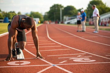 A sprinter in starting position on a red track, focused and ready to launch into motion. Wearing red and black sportswear, the athlete is captured in a moment of intense concentration and power.