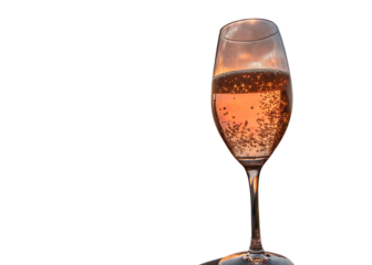 Elegant flute glass filled with sparkling rose champagne with bubbles isolated on transparent background