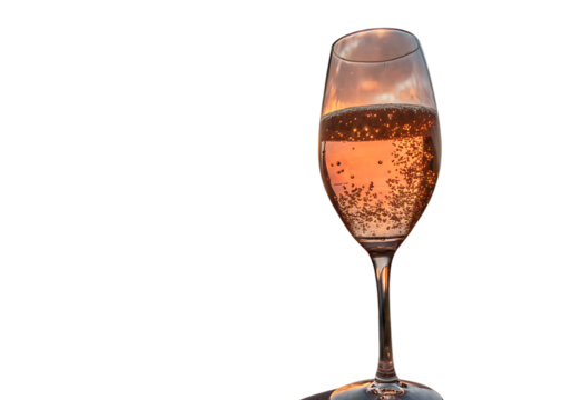 Elegant flute glass filled with sparkling rose champagne with bubbles isolated on transparent background