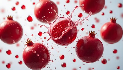 Pomegranates in mid-air with a splash of juice and water droplets on a white backdrop