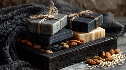 Natural soap bars tied with twine presented within a wooden box alongside almonds, grains, and a soft, gray towel, creating a soothing, spa-like ambiance with neutral tones.