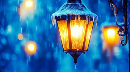 Full-frame 85mm emphasizing glowing lantern foreground with blurred scarecrow barn fog