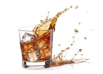 Dynamic whiskey splash with ice cubes in a glass isolated on transparent background
