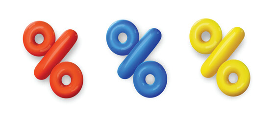 3d set signs percent discount yellow, blue, res glossy colors on isolated background. 3d render percentage icon cartoon Vector illustration.