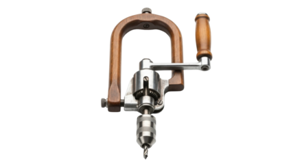 Vintage hand drill on workbench for carpentry isolated PNG with Transparent Background