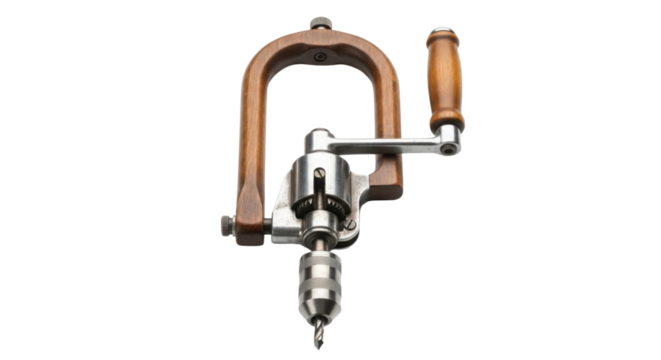 Vintage hand drill on workbench for carpentry isolated PNG with Transparent Background