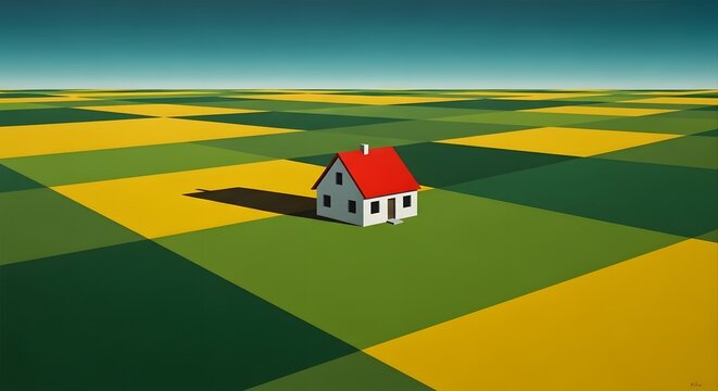 A solitary white house with a red roof stands in the center of a vast, checkered landscape of green and yellow fields under a clear blue sky. - Powered by Adobe