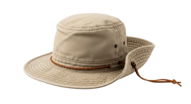 Beige outdoor hat with chin strap isolated PNG with Transparent Background