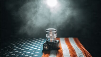 Professional Camera on American Flag with Soft Lighting and Smoke Effect