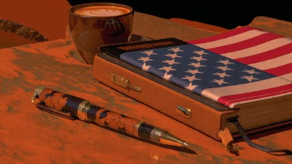 Elegant Business Notebook with American Flag Design and Coffee on a Table