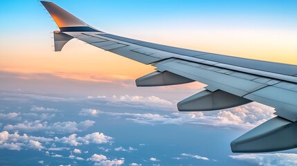 View from airplane window showing sunrise glow above clouds with warm tones filling sky