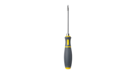 Flat head screwdriver with a yellow and gray handle isolated PNG with Transparent Background