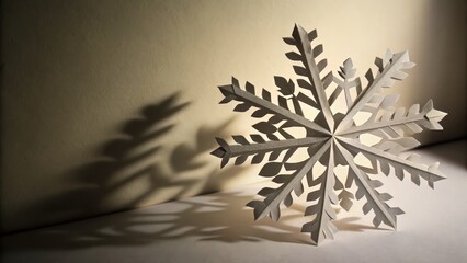 Intricately crafted paper snowflake with shadow play in soft lighting