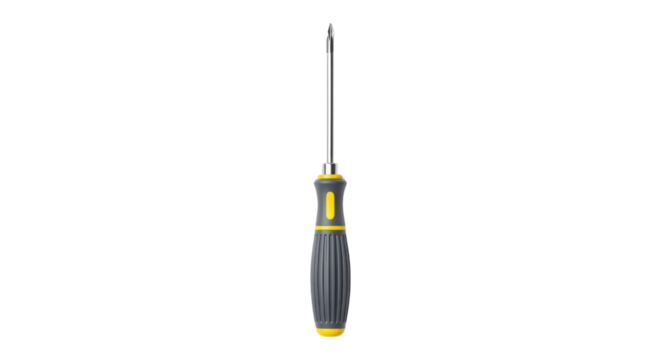 Flat head screwdriver with a yellow and gray handle isolated PNG with Transparent Background