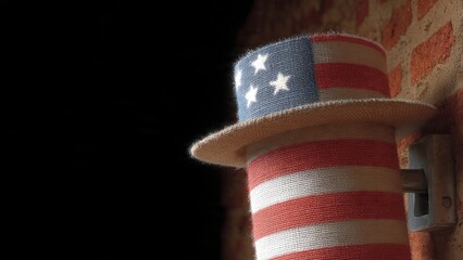 American Flag Hat Displayed on Wall with Rustic Background and Soft Lighting Effects