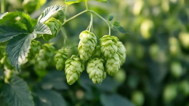 Close up of green hop plant on blurred field background agriculture ingredient