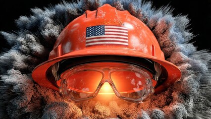 Bright Red Firefighter Helmet with Flag Design Surrounded by Colorful Dust Explosion Effect
