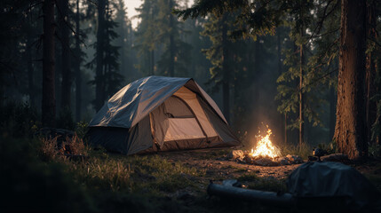 Camping in a serene forest clearing with a glowing campfire at dusk