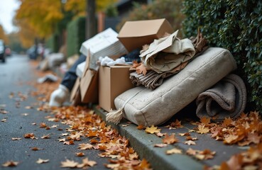 Bulky household trash lies on street side near curb. Autumn leaves fall around unwanted items. Furniture waste, boxes and junk piled outside for pickup. Residential trash removal service.