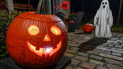 Mirrorless 35mm showing pumpkins glowing in graveyard path with ghost figure under full moon