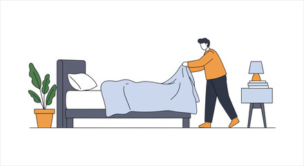 Man Making Bed Morning Routine Daily Task
