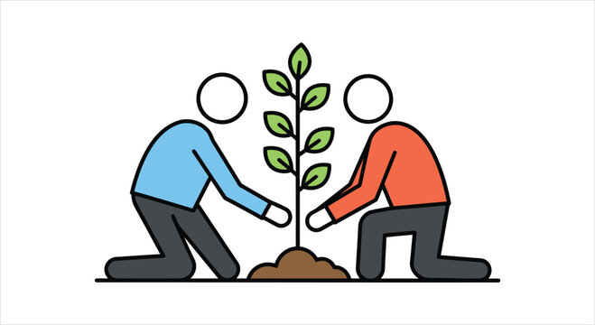 Two People Planting a Small Tree Together Outdoors