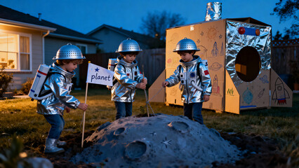 Three young kids in astronaut costumes play space explorers in their backyard at night. A concept of childhood imagination, dreams, and adventure.