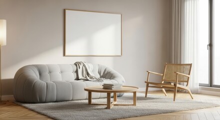 Modern living room with a comfortable sofa, armchair, coffee table, and a large blank picture frame on the wall, bathed in natural light