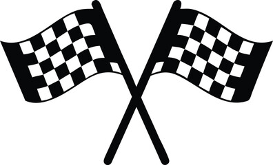 Two crossed black and white checkered racing flags waving in the wind