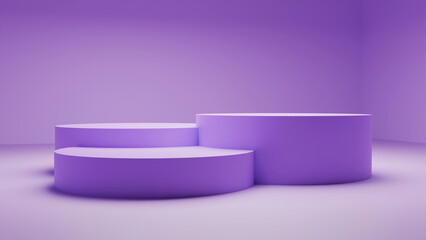 Minimalist 3D render of a curved three-podium in soft lavender tones, with clean lines and ambient lighting, perfect for product display.
