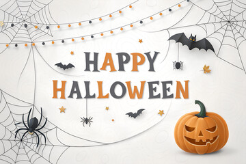 Happy halloween text banner with pumpkin,bats flying, spider, spider web, isolated on png or transparent background, font design , sale template ,website, poster, vector illustration