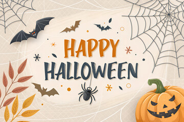Happy halloween text banner with pumpkin,bats flying, spider, spider web, isolated on png or transparent background, font design , sale template ,website, poster, vector illustration