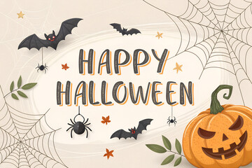 Happy halloween text banner with pumpkin,bats flying, spider, spider web, isolated on png or transparent background, font design , sale template ,website, poster, vector illustration